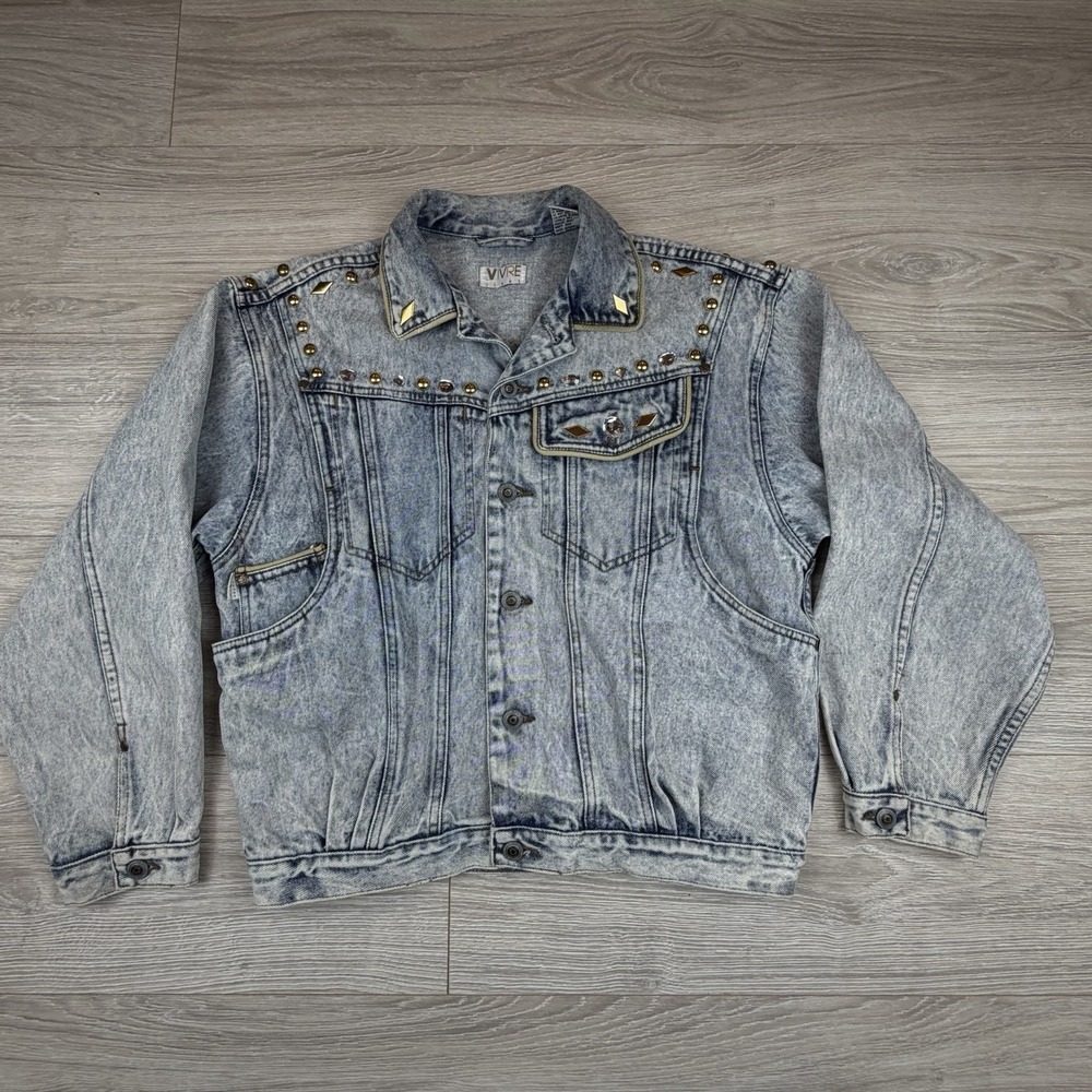 Vintage 90s Vivre Jeans Acid Wash Studded Rhinestone Denim Jacket Womens M